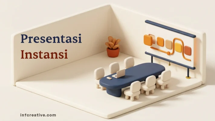 Ilustrasi 3D lembut ruang rapat dengan layar proyeksi yang menampilkan alur lima langkah bergerak